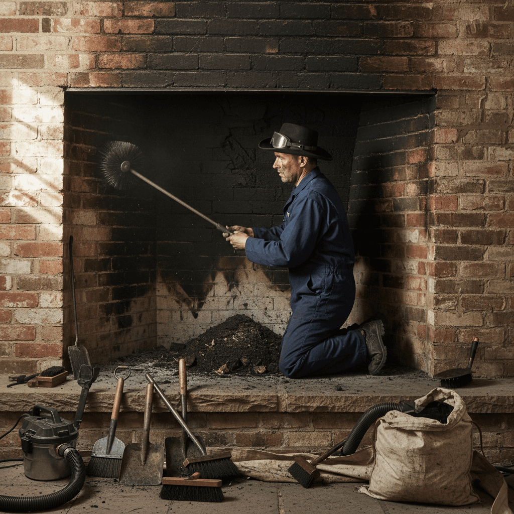 Professional chimney sweep cleaning fireplace
