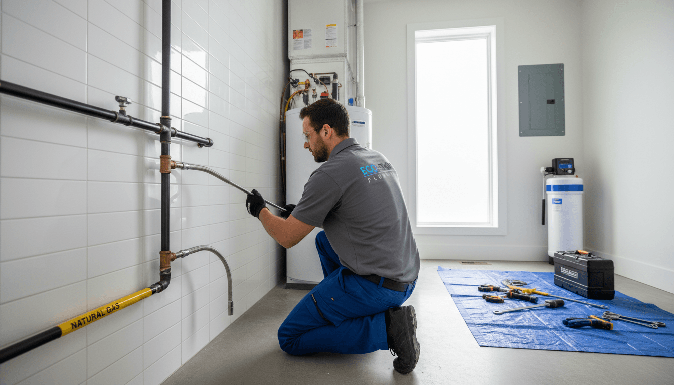 Technician installing a gas line in a home utility room