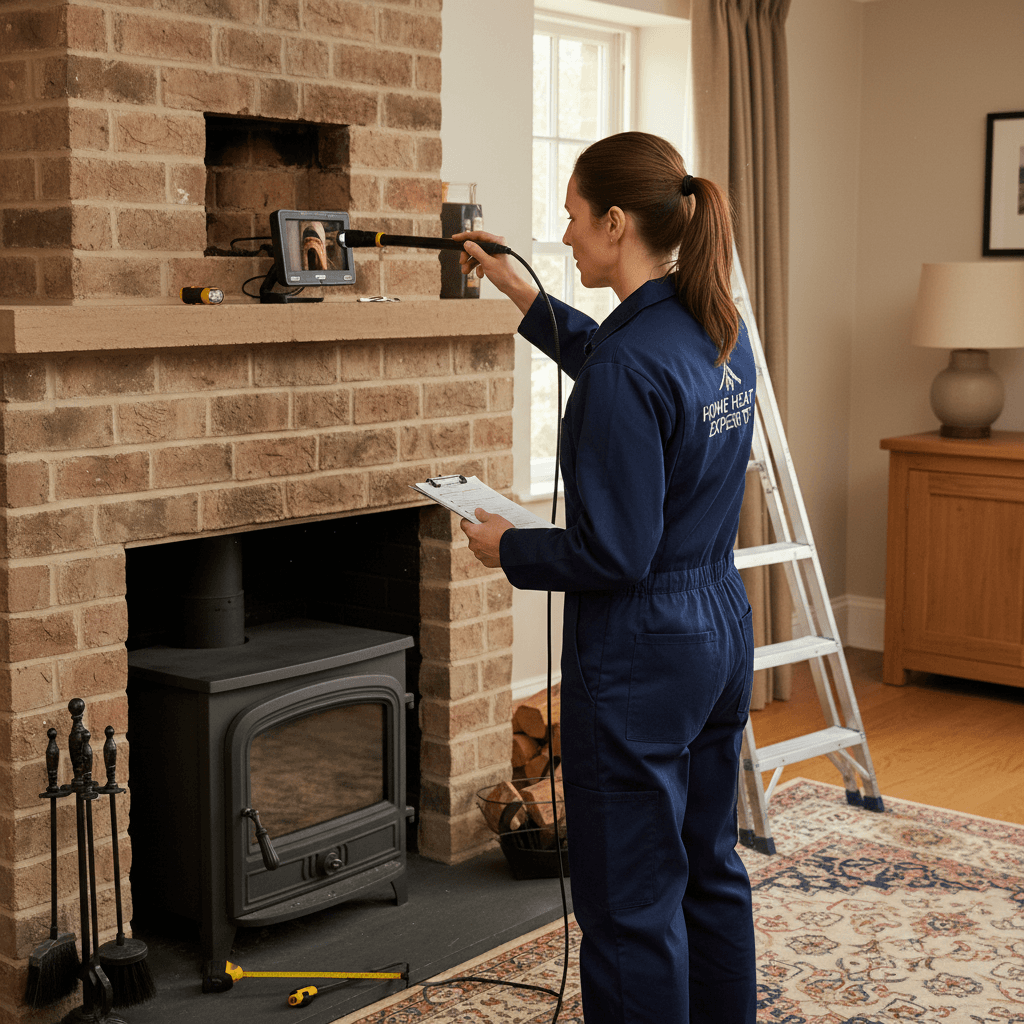 Heating specialist performing detailed safety check on fireplace and chimney system