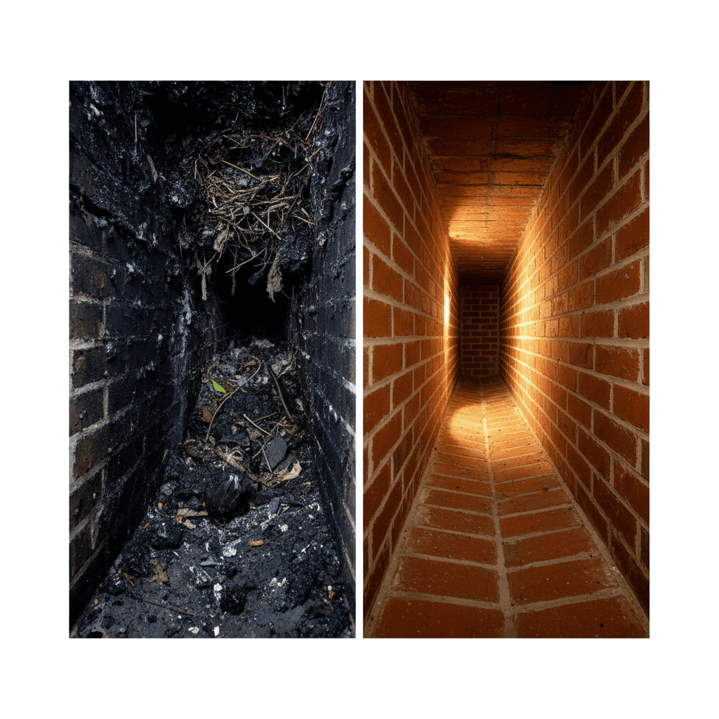 Before and after chimney cleaning showing dangerous buildup versus clean safe passage