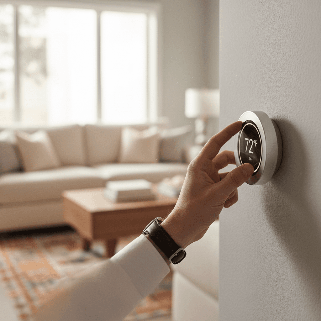 A homeowner's hand adjusting a sleek smart thermostat on a wall