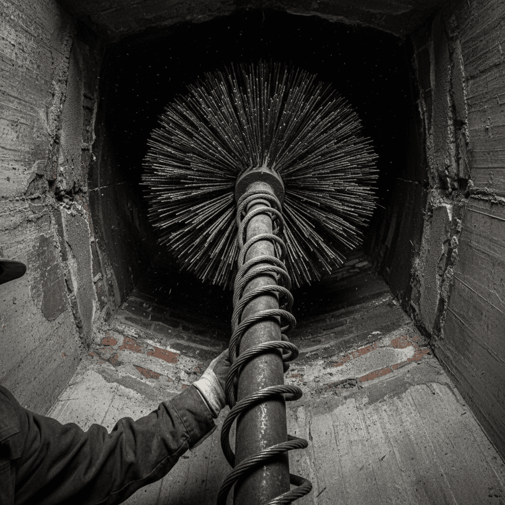 Chimney sweep brush extended into flue opening