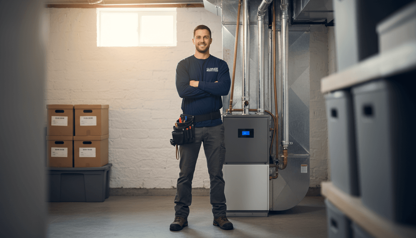 Heating technician standing beside a newly installed furnace