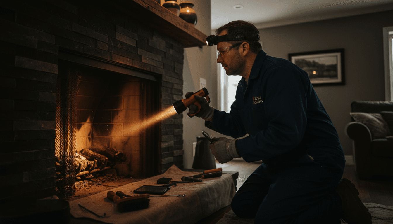 Professional WETT certified technician performing a detailed fireplace inspection with flashlight and inspection tools