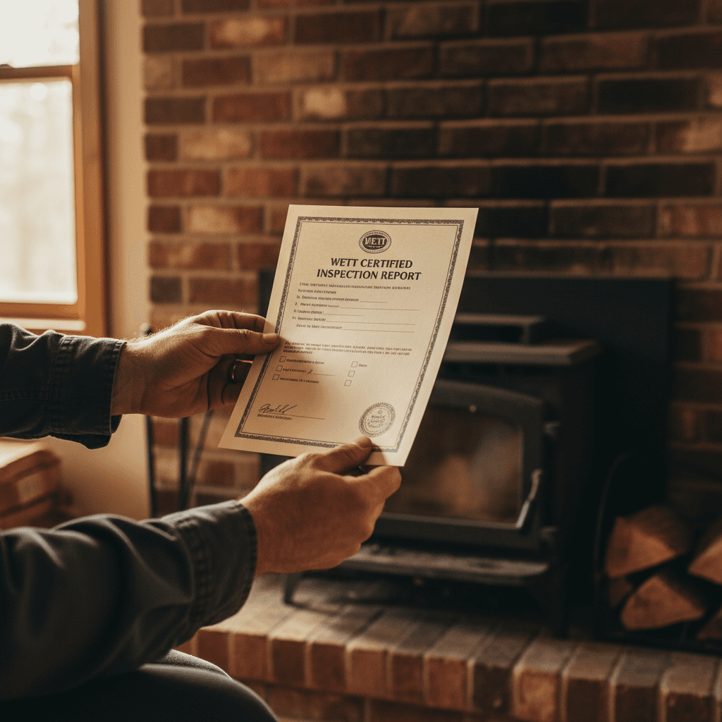 WETT inspection certificate held near fireplace