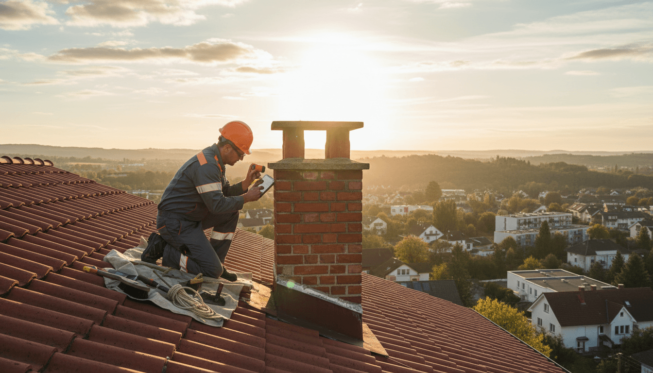 Technician inspecting brick chimney on a rooftop