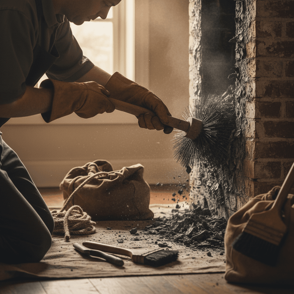 Professional wood chimney sweep cleaning deposits
