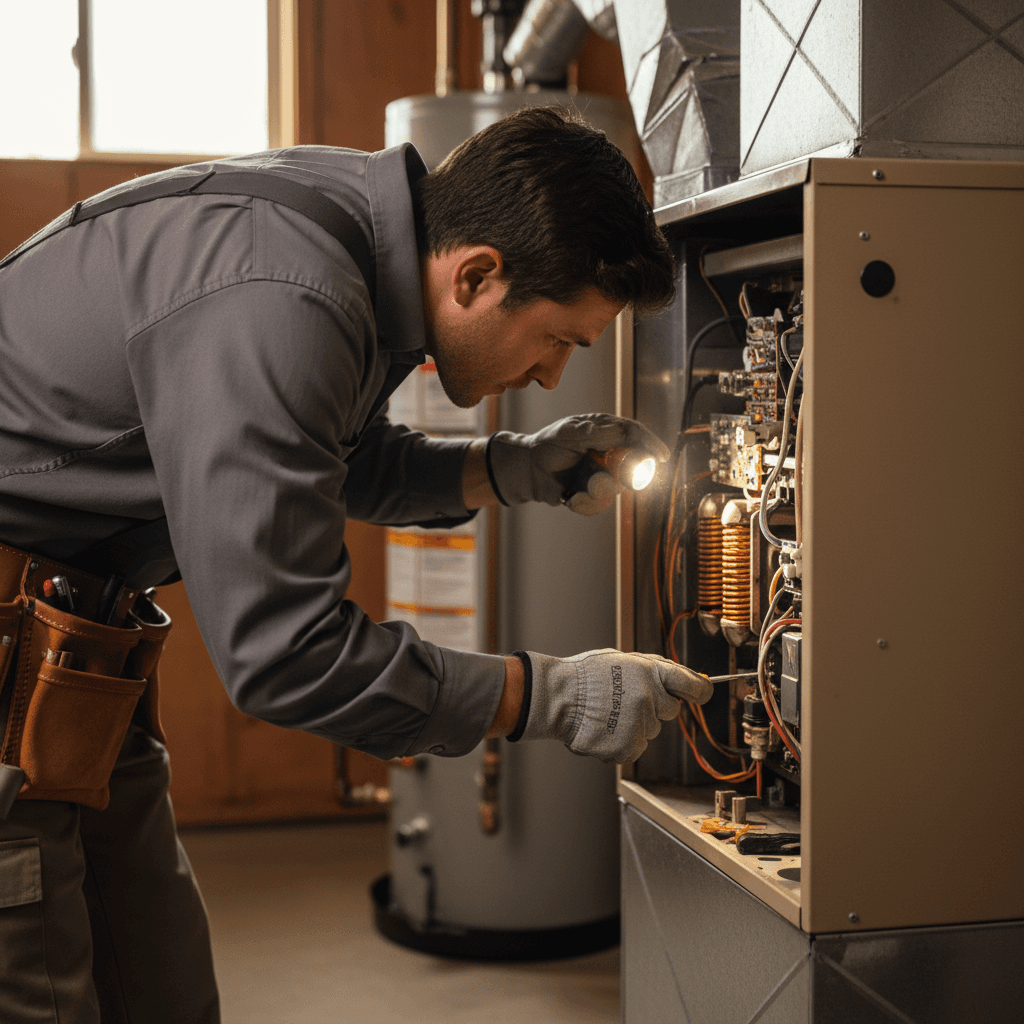 Technician inspecting furnace components