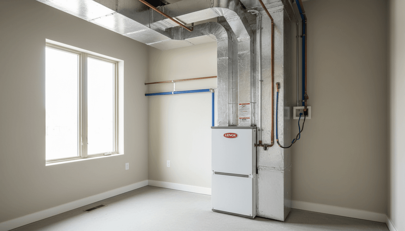 New high-efficiency furnace installed in a clean residential utility room
