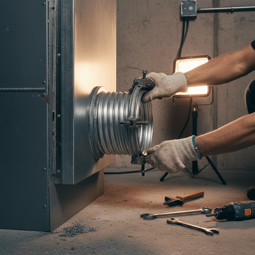 Technician connecting ductwork to a new furnace