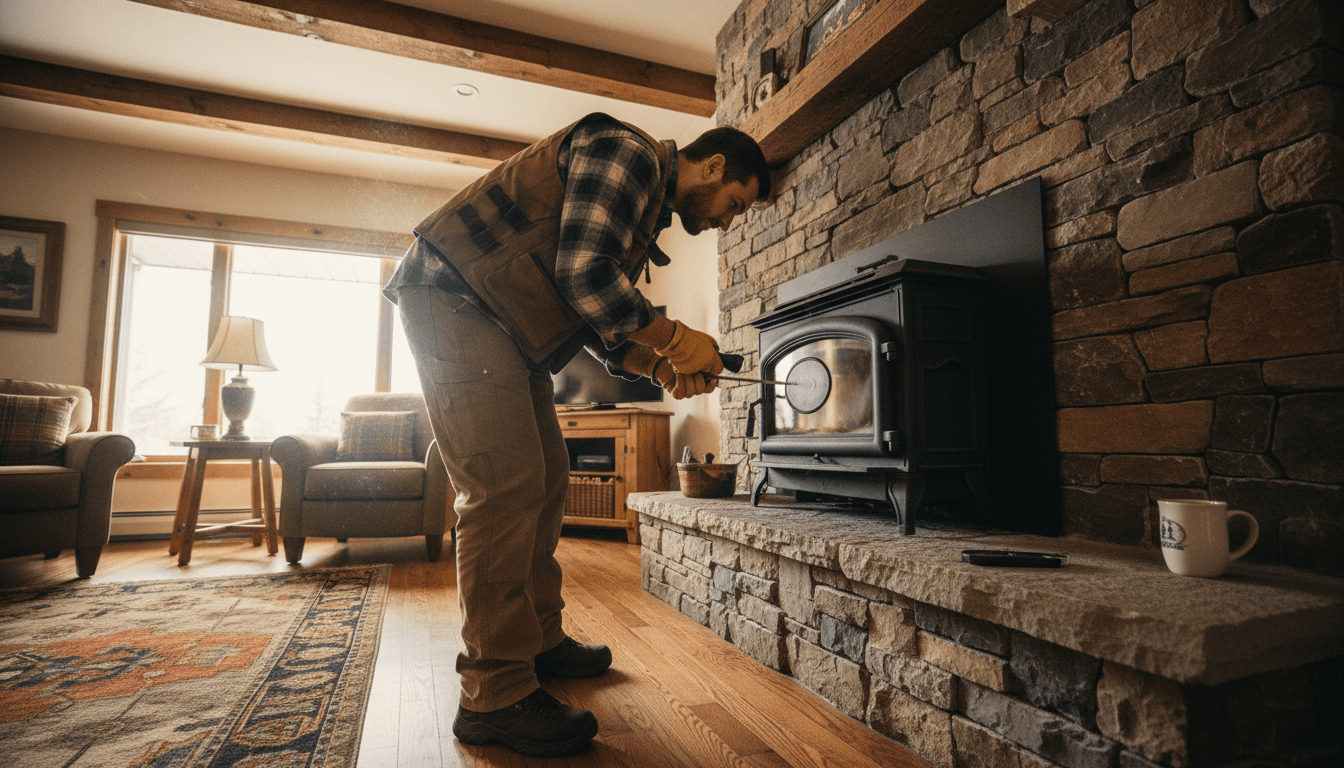 Professional WETT inspection technician examining wood fireplace insert with precision and care