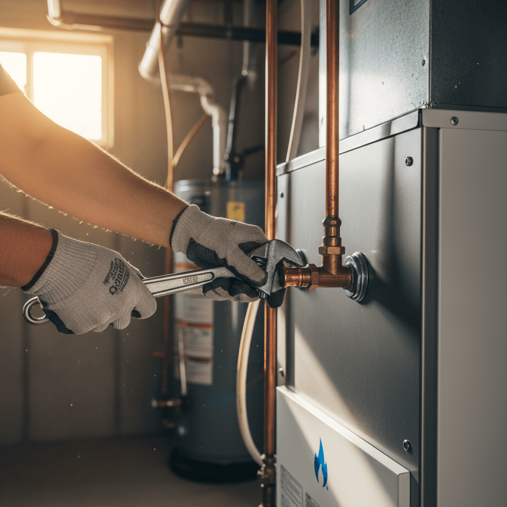 Technician hands tightening a connection on a new furnace