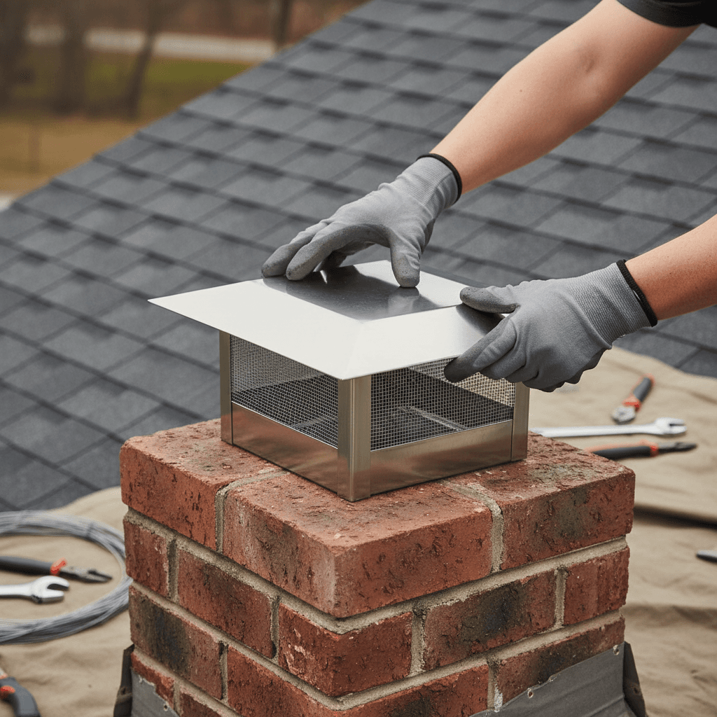 Close-up of technician's gloved hands installing new metal chimney cap on residential brick chimney