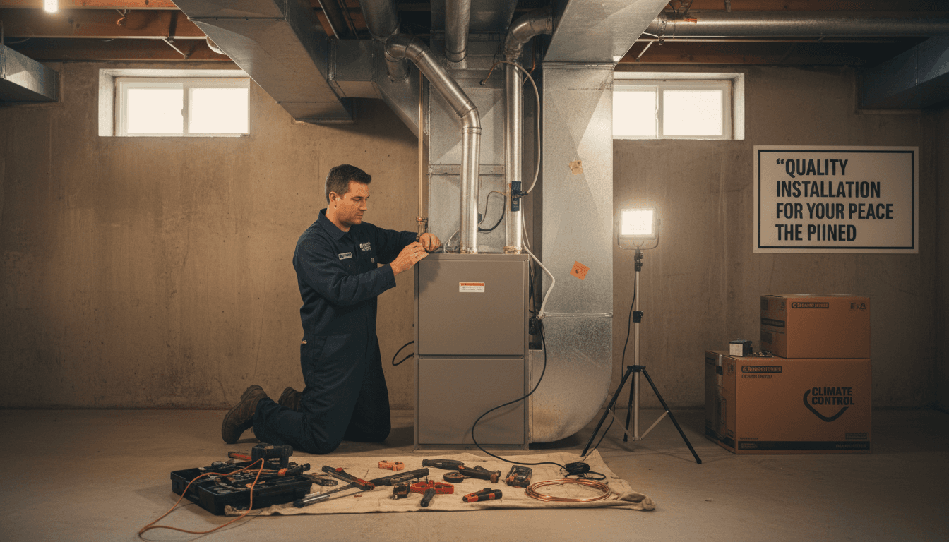 Heating technician standing beside a newly installed Continental high-efficiency gas furnace in a finished basement mechanical room, white Continental cabinet with the Continental logo on the front door, metal flue and gas piping, professional product photography