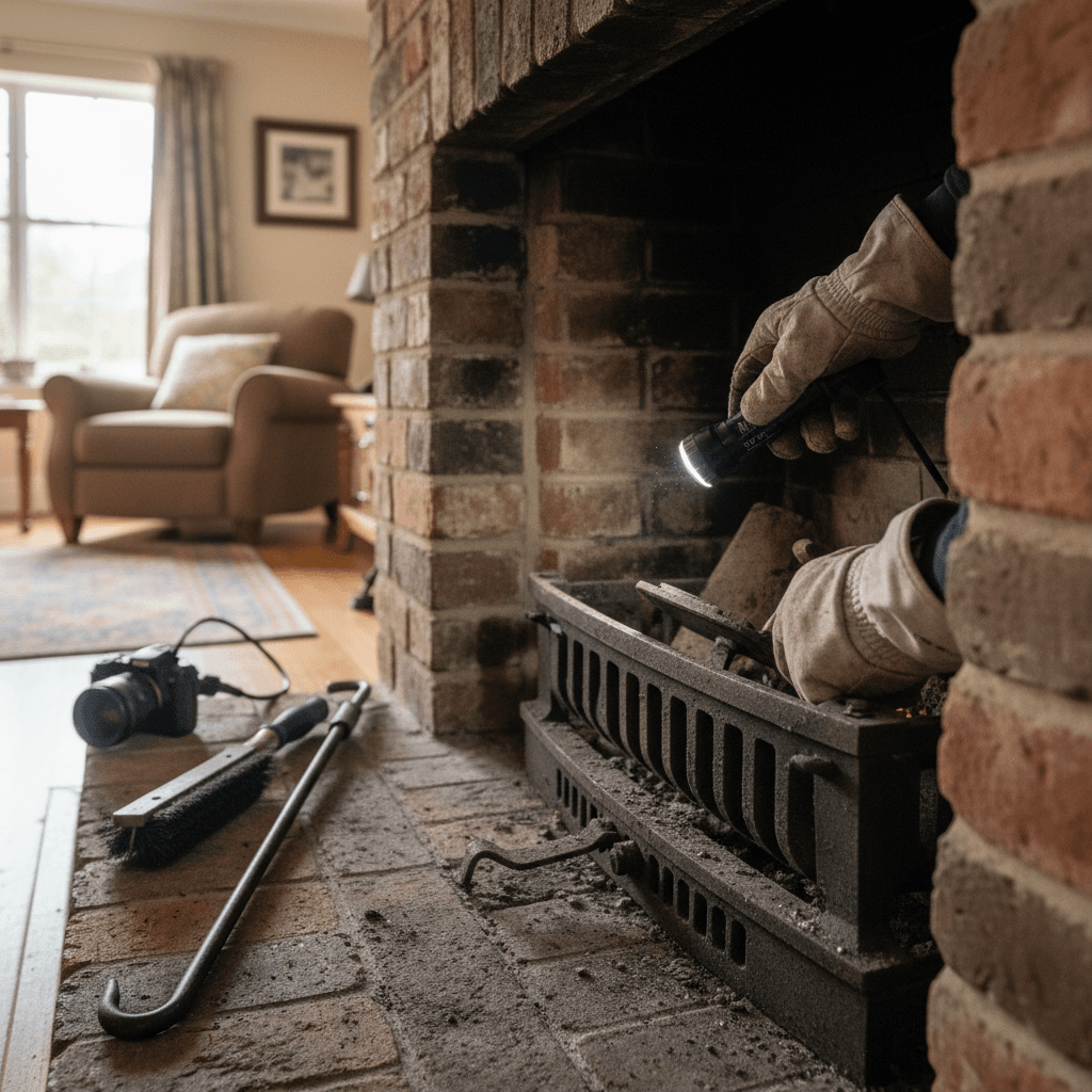 Heating technician performing WETT chimney inspection in residential fireplace