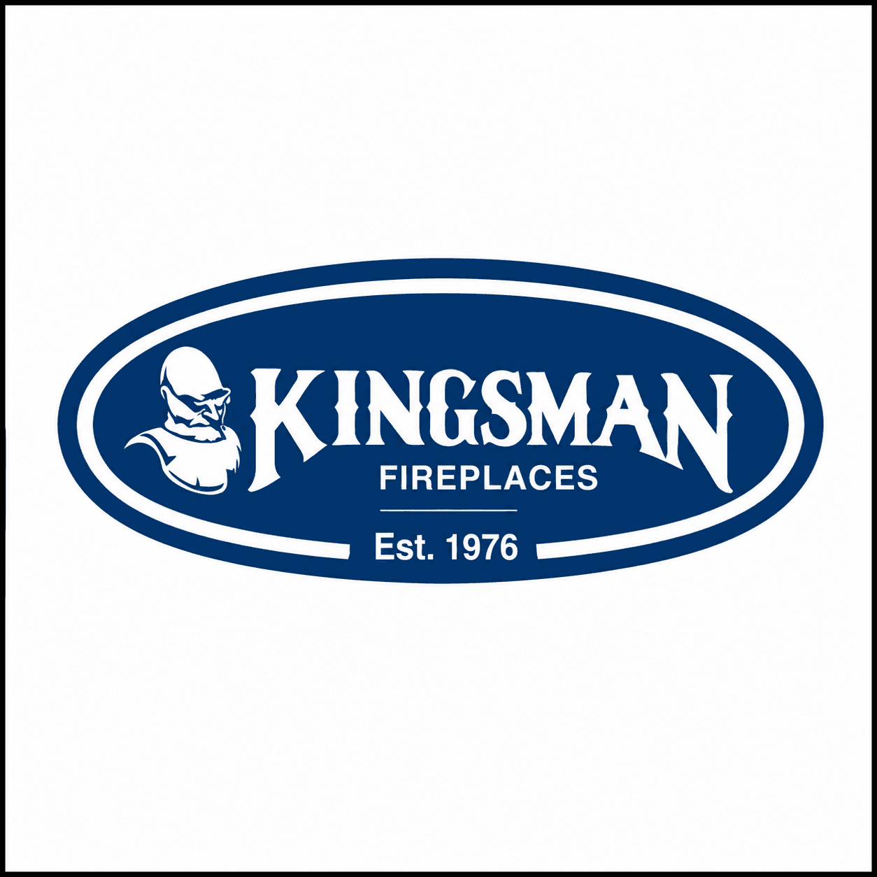 Blue oval logo for Kingsman Fireplaces featuring a bearded man and established in 1976.