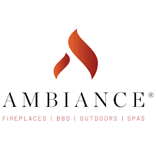 Ambiance logo with orange flame icon above fireplaces, BBQ, outdoors, and spas text.