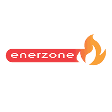 Enerzone logo featuring white text in a red rounded bar and an orange flame.