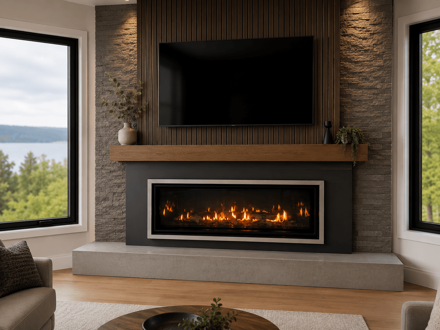 Modern living room featuring a linear gas fireplace, mounted TV, and wood slat accent wall.