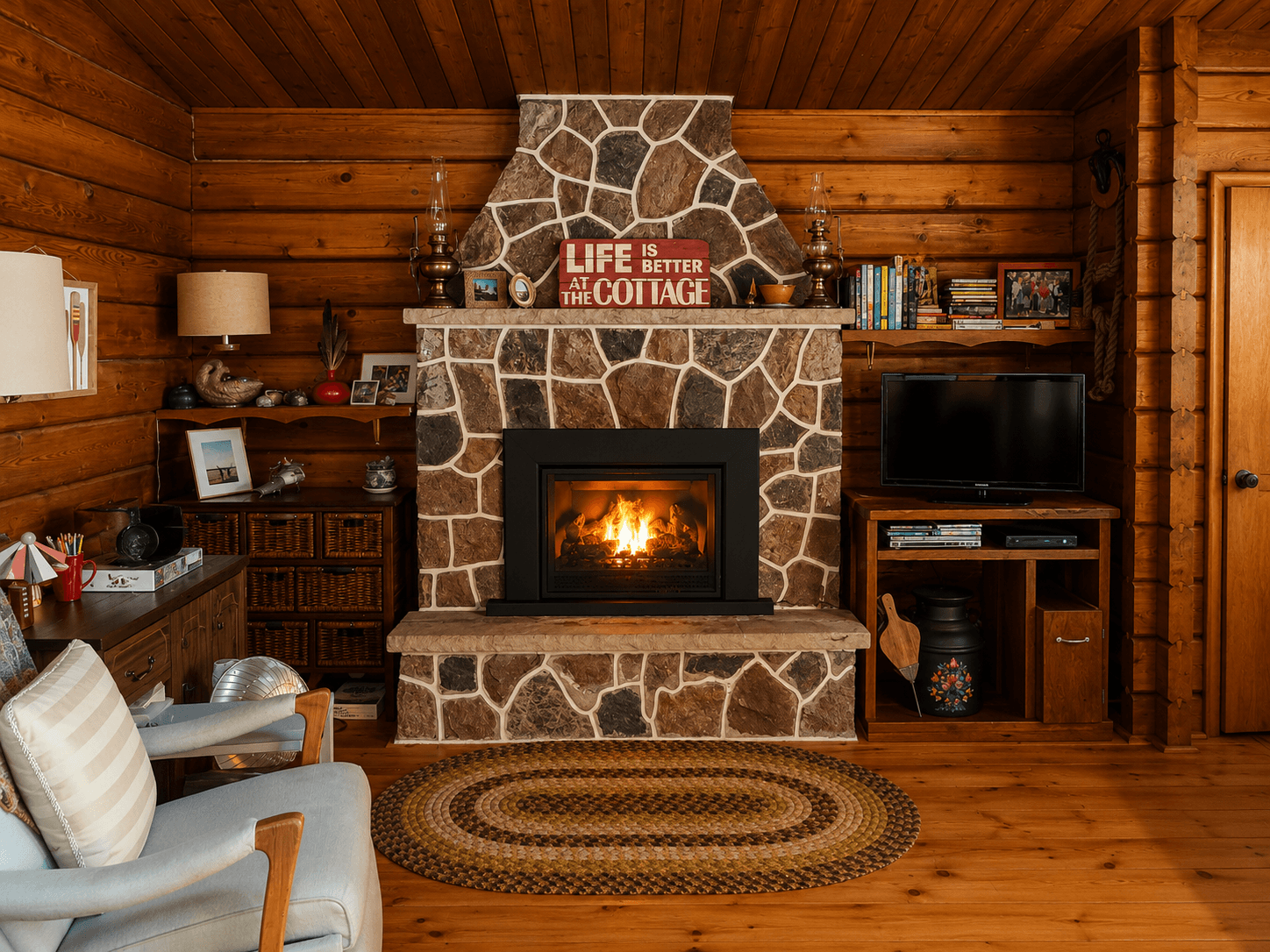 Cozy log cabin living room with a glowing stone fireplace, braided rug, and wooden walls.