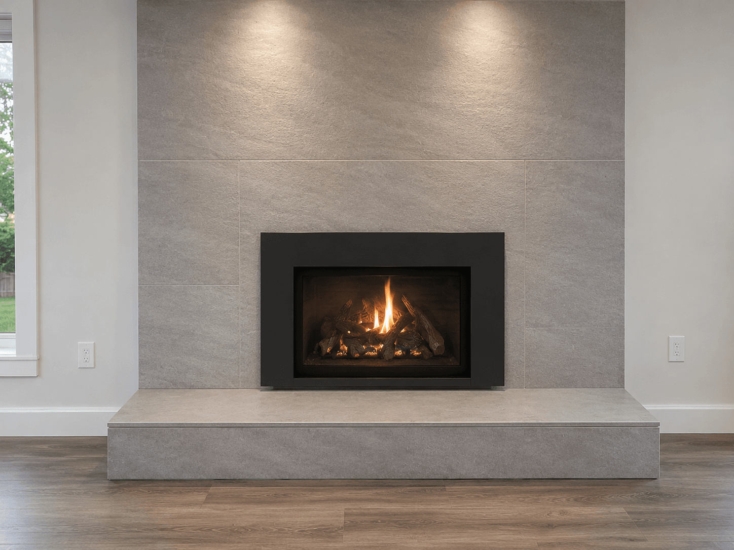 Modern black gas fireplace with glowing logs set into a large grey stone tile wall.