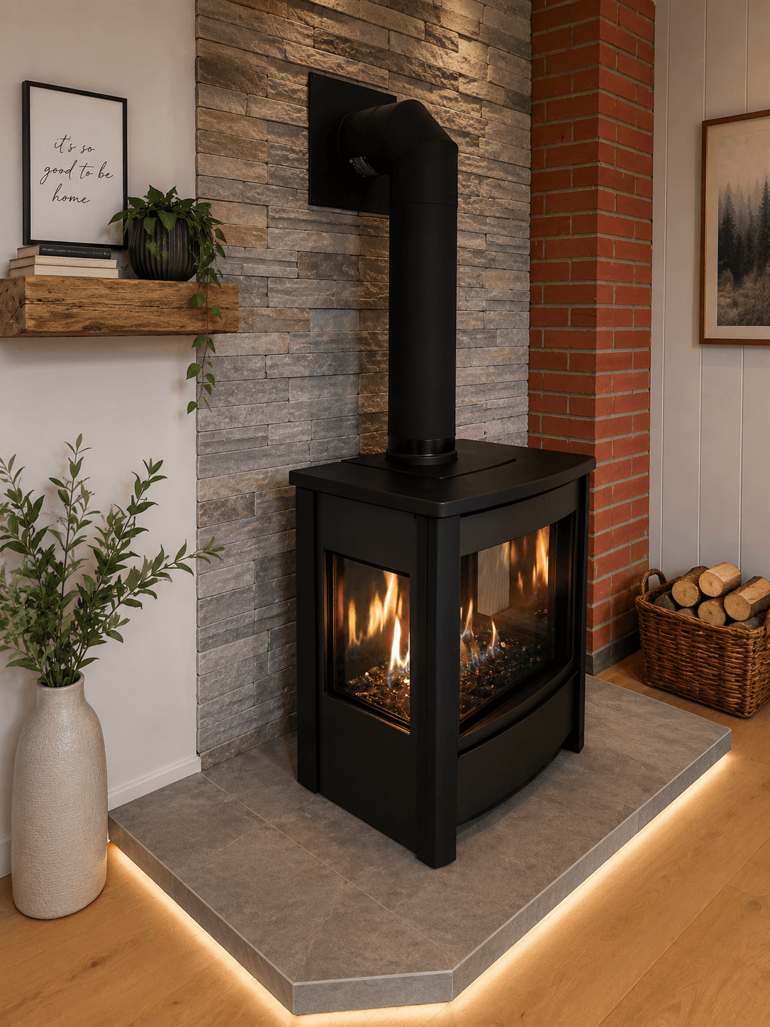 Modern black gas stove with glowing flames against a stone and red brick wall.