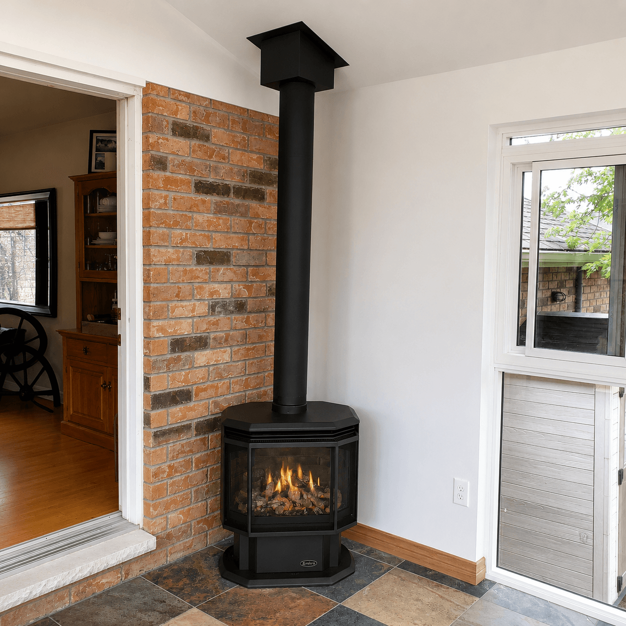 Black freestanding gas fireplace with glowing flames against a brick wall and white walls.