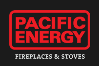 Red Pacific Energy logo in a rounded rectangle above white Fireplaces and Stoves on black.