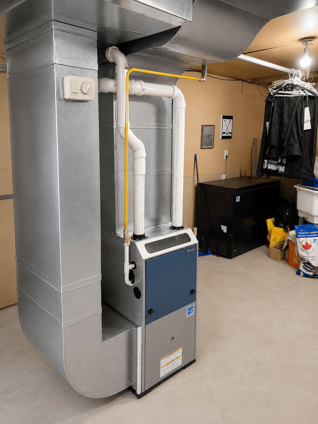 High-efficiency gas furnace with galvanized ductwork and white PVC venting pipes in a basement.