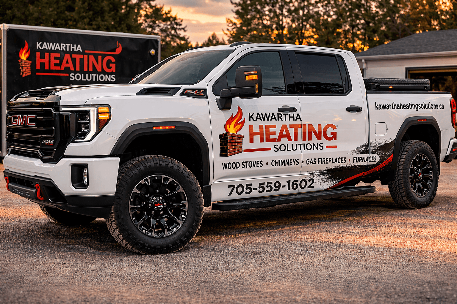 White GMC pickup truck with Kawartha Heating Solutions branding parked on gravel at sunset.