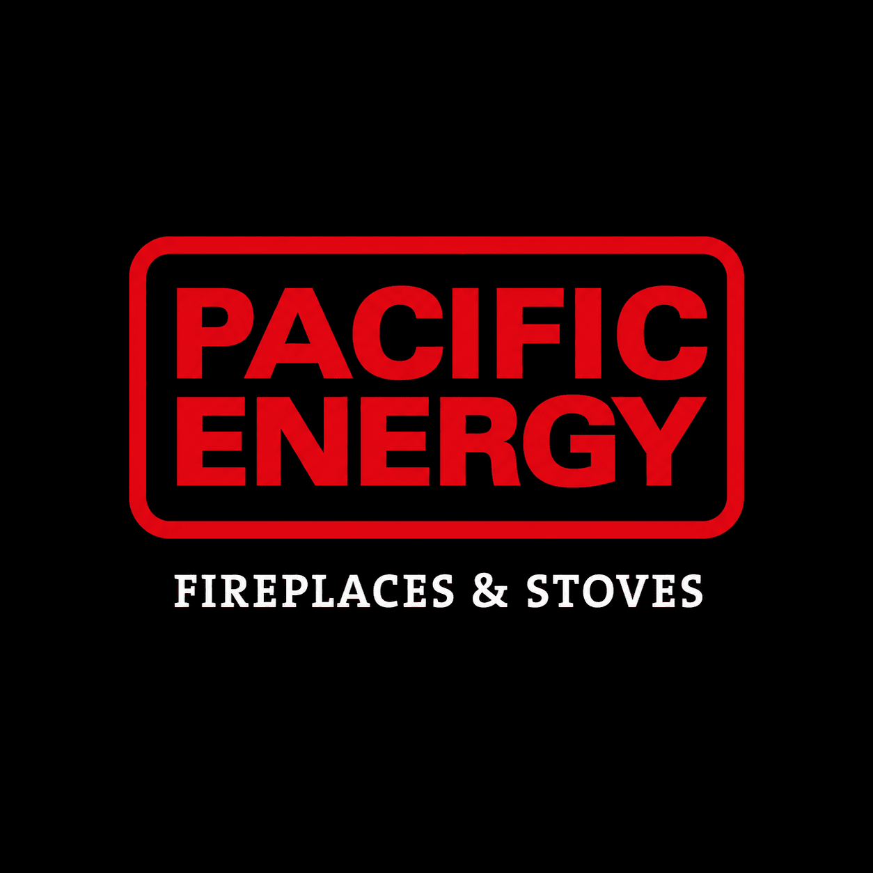 Red Pacific Energy logo in a box above white text reading Fireplaces and Stoves.