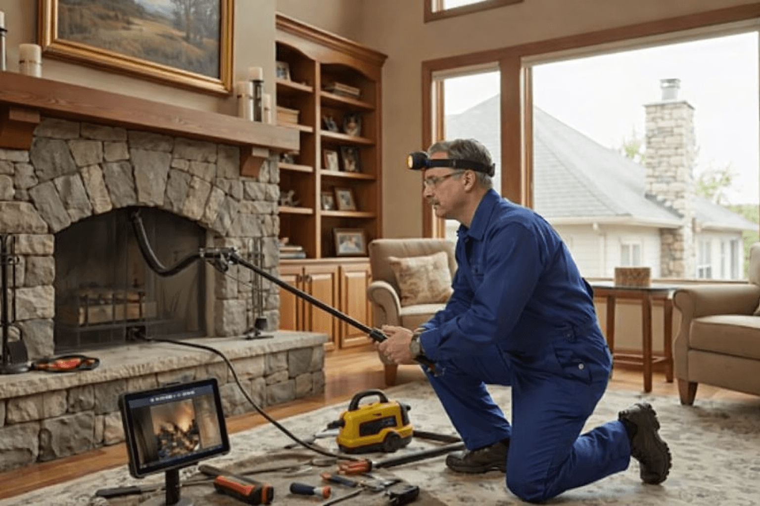Technician in blue coveralls uses a camera probe and tablet to inspect a stone fireplace.