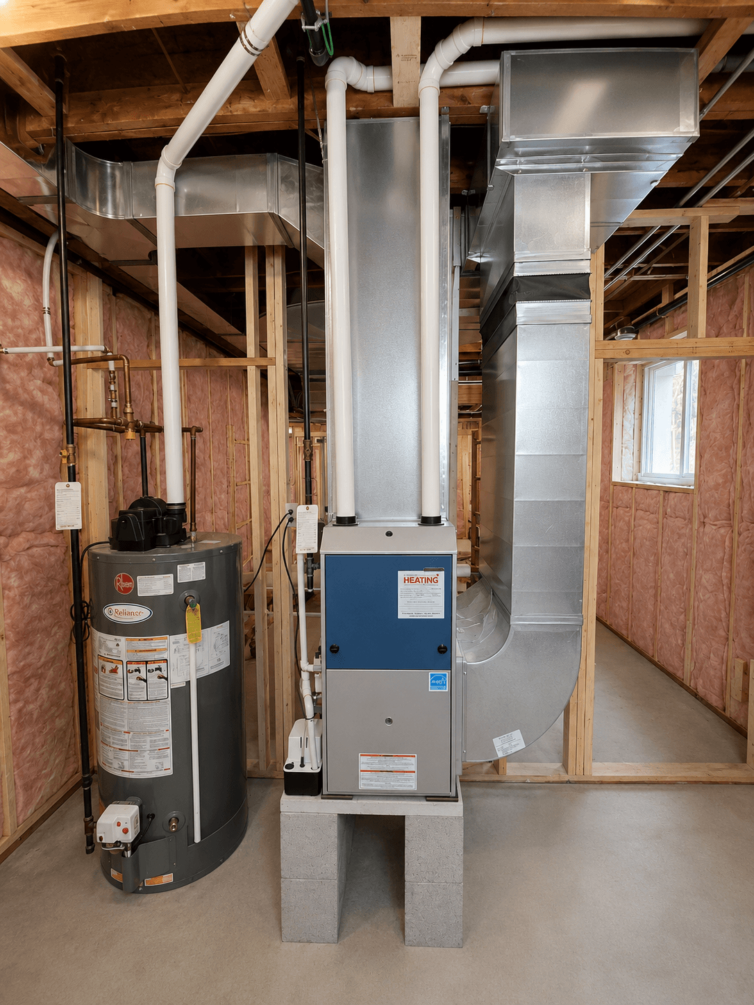 Furnace and water heater with metal ductwork in an unfinished basement with pink insulation.
