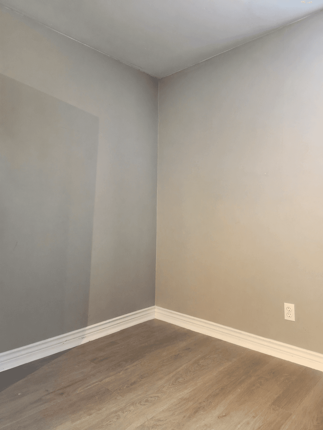 Empty room corner with gray walls, white baseboards, wood-look flooring, and an electrical outlet.